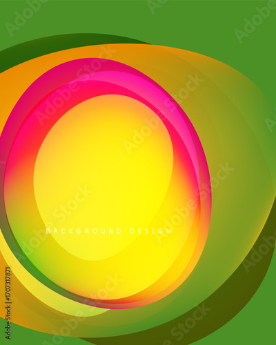 Abstract vibrant layers create circular design. Yellow, pink, green hues blend smoothly. Modern background element for projects.