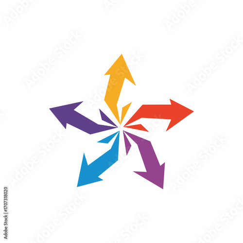 Colorful star-shaped arrows pointing outward in blue, purple, red, orange, and yellow – flat illustration