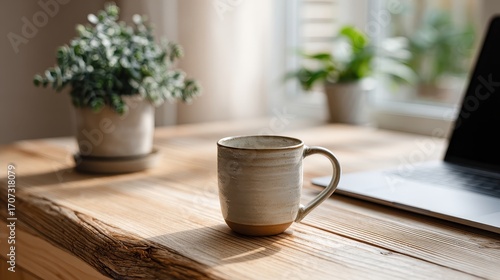 A coffee cup sitting on a wooden table