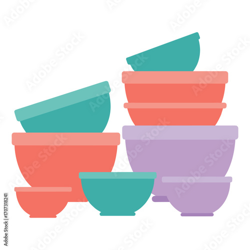 Colorful stacked plastic bowls in various sizes and shapes – flat illustration