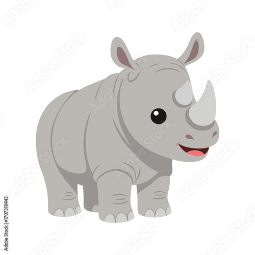 Cute cartoon rhino illustration with happy expression – flat illustration