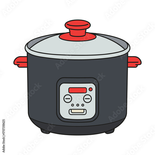 Electric rice cooker with digital display and red accents – flat illustration