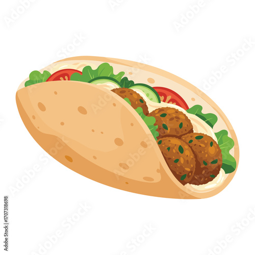Falafel wrap with vegetables and sauce in pita bread – flat illustration