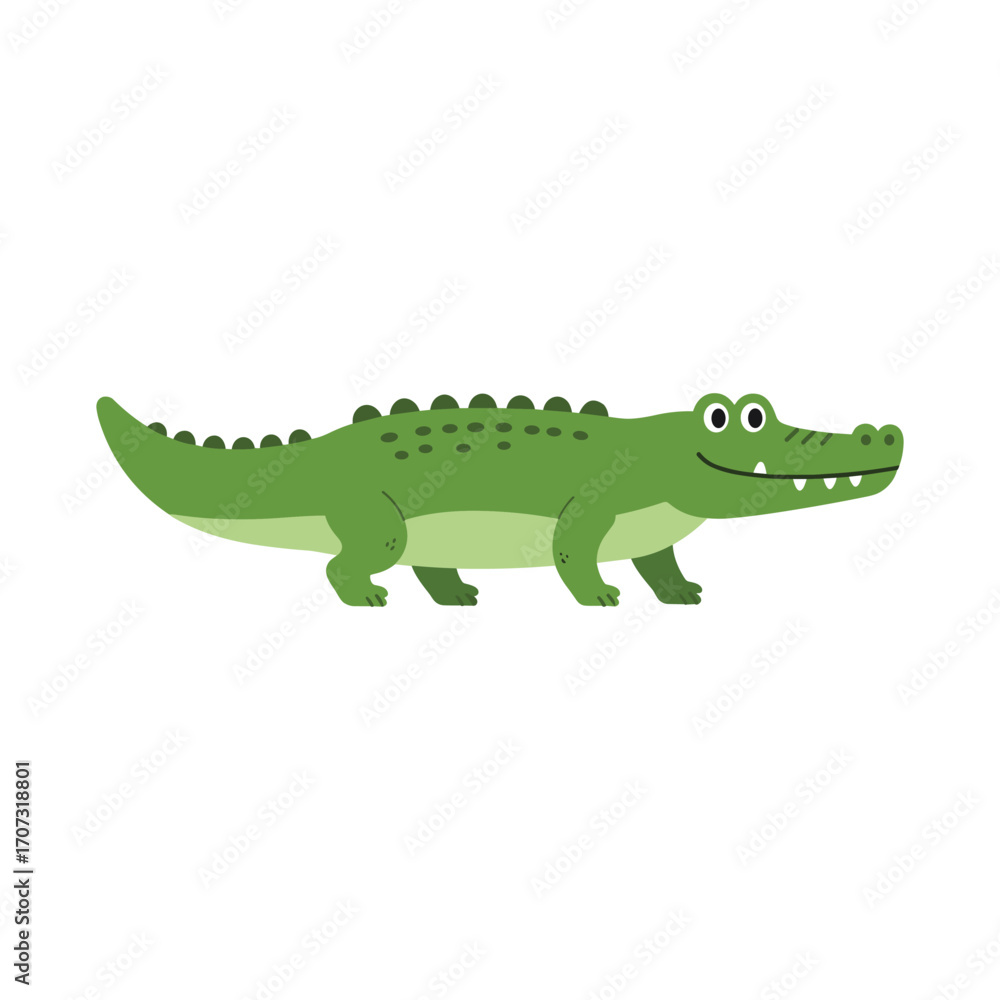 Obraz premium Cartoon crocodile with green spotted back and friendly expression – flat illustration