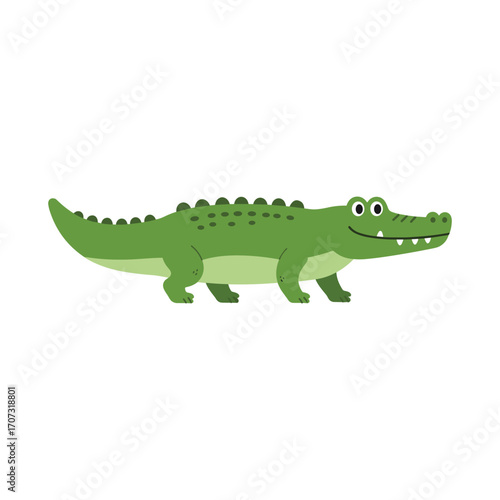 Cartoon crocodile with green spotted back and friendly expression – flat illustration