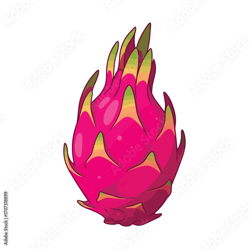 Vibrant pink dragon fruit with green scales – flat illustration