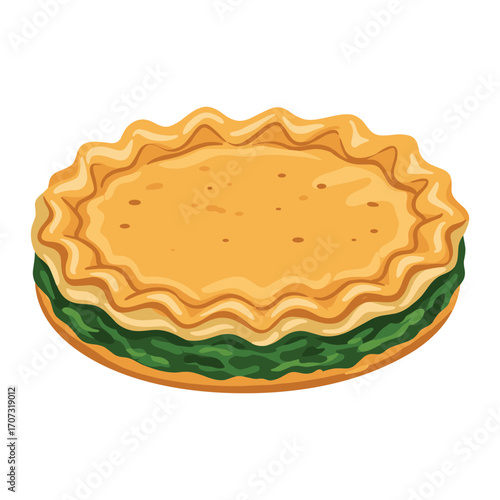 Delicious spinach pie with golden crust – flat illustration