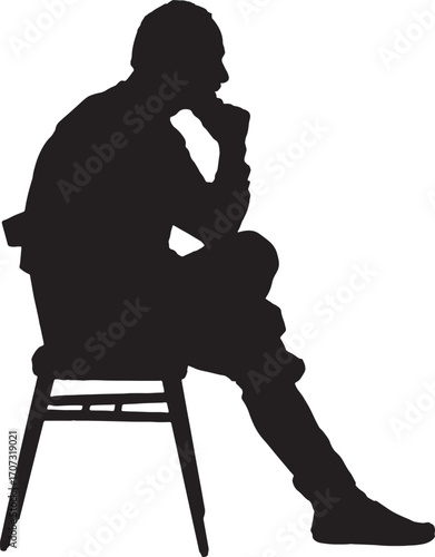 vector,silhouette of  side view of a man sitting on chair with hand on chin