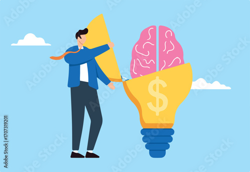 Businessman open light bulb idea with dollar symbol in flat design