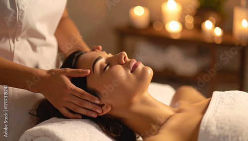 Woman Enjoying a Soothing Head Massage with Candles at a Spa