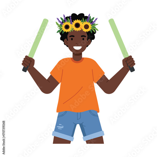 African male child celebrating with glow sticks and floral headband – flat illustration