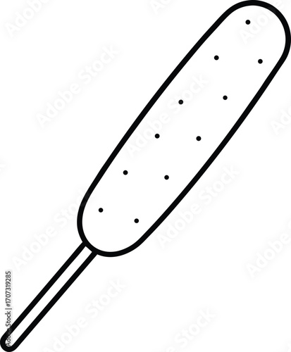 Black and white line art drawing of a corn dog on a stick food 1