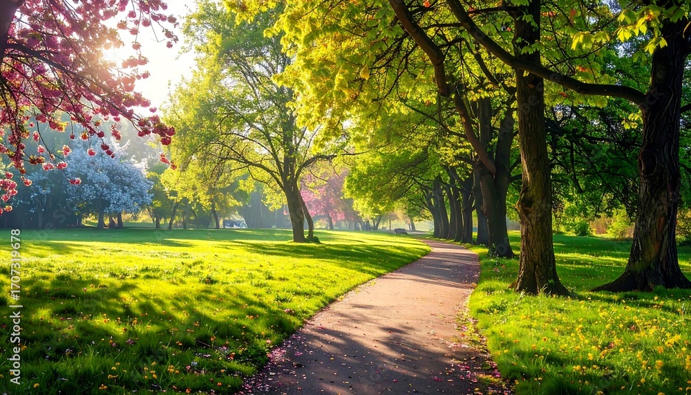 Fototapeta premium Spring park path bathed in sunlight