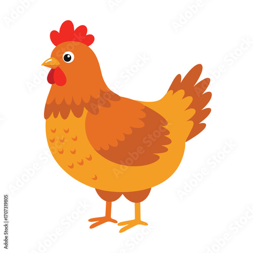 Colorful cartoon chicken with red comb and brown feathers – flat illustration
