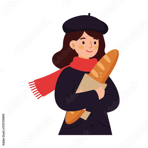 Cartoon woman in beret holding baguette – flat illustration