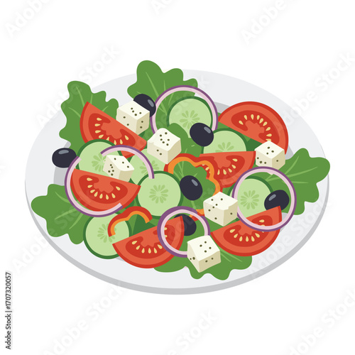 Fresh greek salad with feta, olives, and vegetables on white plate – flat illustration
