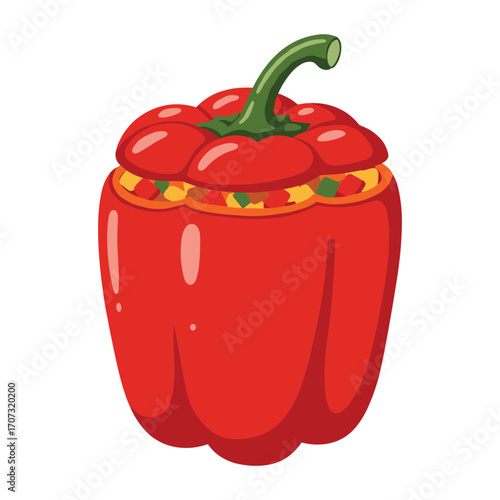 Stuffed red bell pepper cartoon with mixed veggies – flat illustration