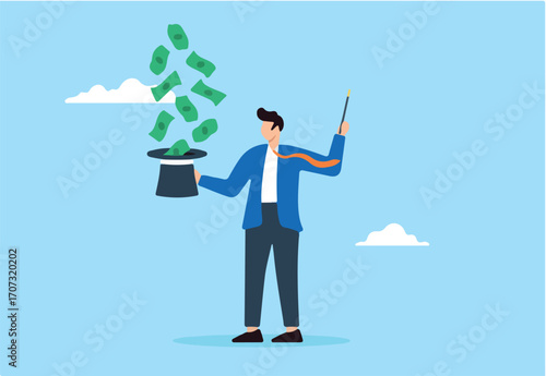 Financial wizard make money with magic wand and hat in flat design