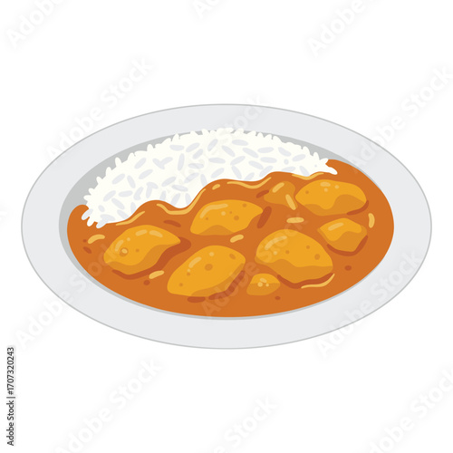 Delicious plate of curry with rice - savory comfort food on white plate – flat illustration