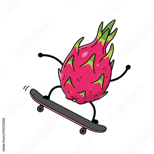 Animated dragon fruit skateboarding with vibrant energy – flat illustration