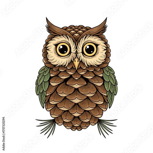 Cute owl illustration made from pinecone scales and forest elements
