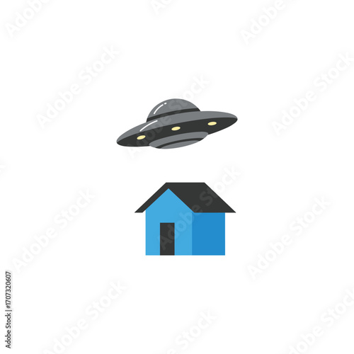 Cartoon ufo hovering above simple blue house – flat illustration