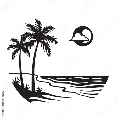 vector illustration of a tropical beach, palm, beach, tree, sea, tropical, summer, island, sun, vector, ocean, nature, illustration, travel, landscape, water, sunset, sky, sand, vacation, silhouette, 