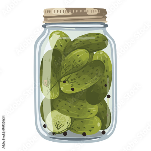 Jar of pickles with dill and peppercorns – flat illustration