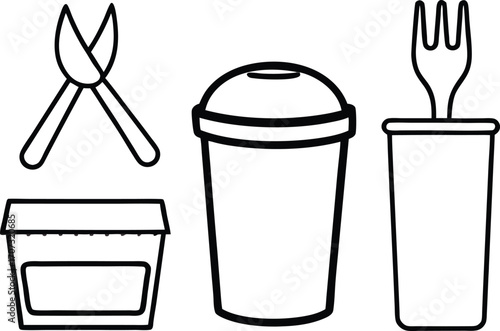 Black line art illustrations of scissors cup and fork in a container vector