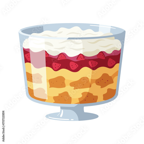 Delicious vanilla strawberry trifle with whipped cream in glass bowl – flat illustration