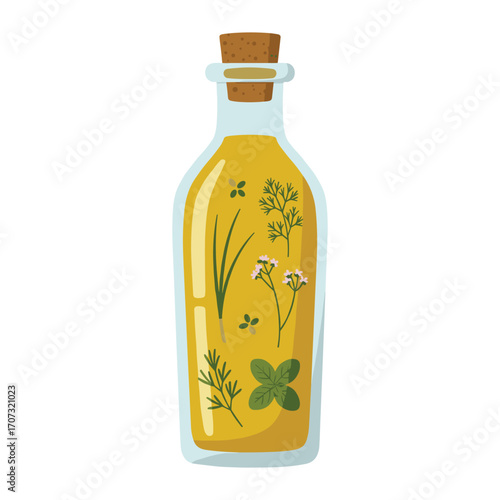 Herbal infused olive oil bottle with cork stopper – flat illustration