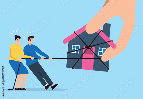 Family couple pulling rope to defend their house from big legal hand in flat design
