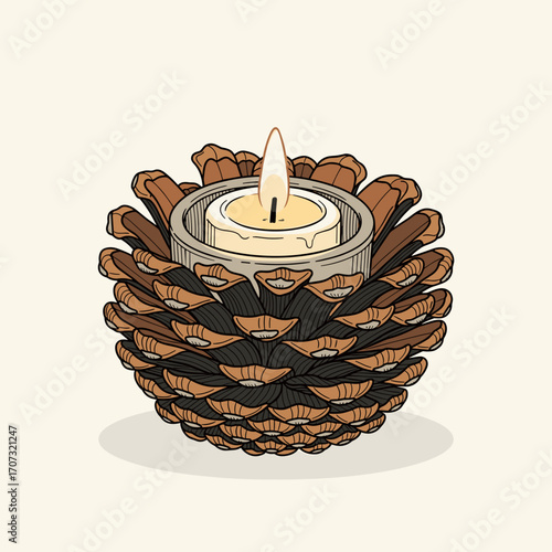 Pinecone candle holder with burning tealight in cozy rustic style