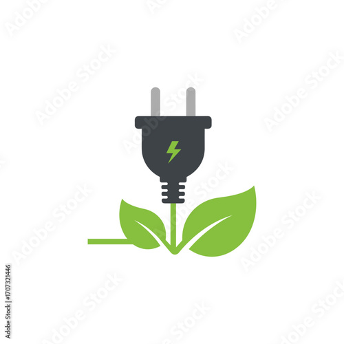 Eco-friendly energy concept with green leaf and electric plug – flat illustration
