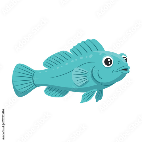 Blue cartoon fish with large eyes and fins in ocean – flat illustration