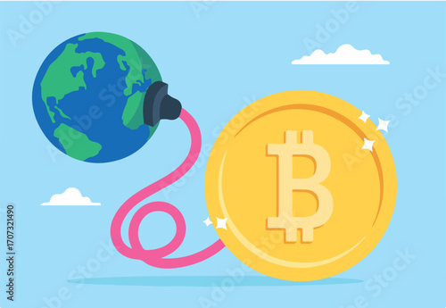 Bitcoin power plug absorbing energy from earth in flat design