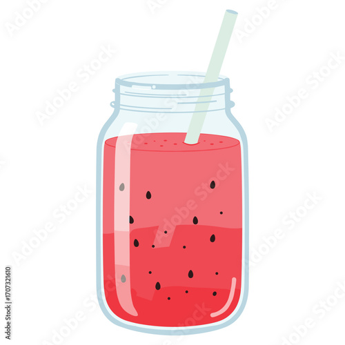 Refreshing watermelon smoothie in a mason jar with straw – flat illustration