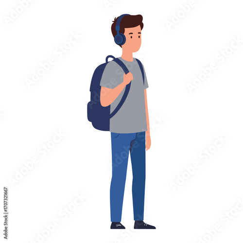 Young caucasian male teen listening to music with headphones and backpack – flat illustration