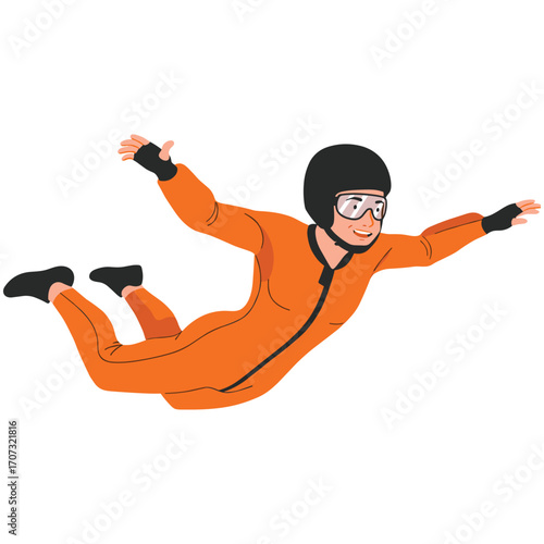Male skydiver in orange suit freefalling with helmet and goggles – flat illustration