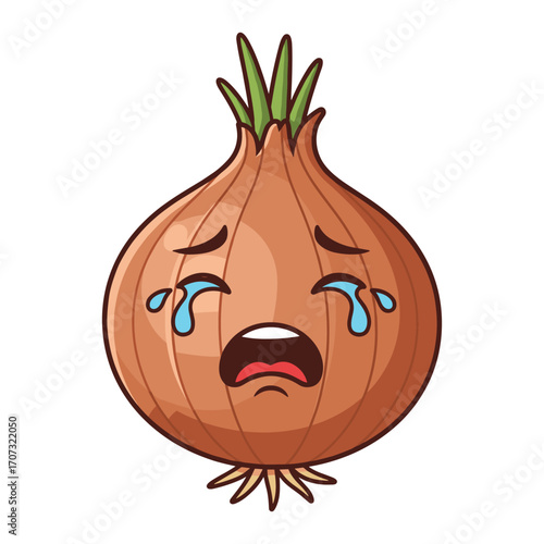 Crying onion cartoon with teary eyes and expressions – flat illustration