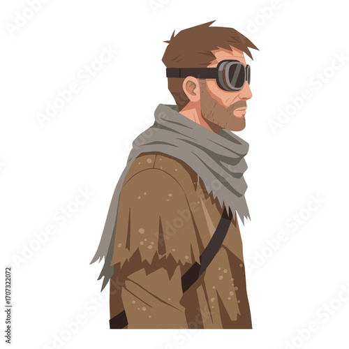 Animated male character in post-apocalyptic attire with goggles and scarf – flat illustration
