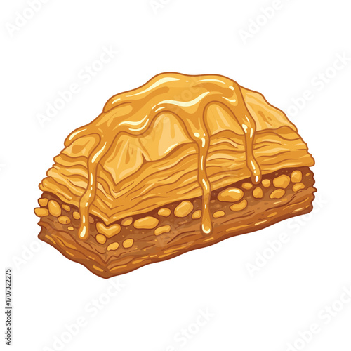 Classic baklava dessert with honey drizzle – flat illustration