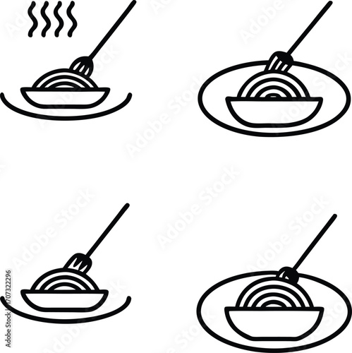 Four line art icons of spaghetti on plates with forks and steam pasta food