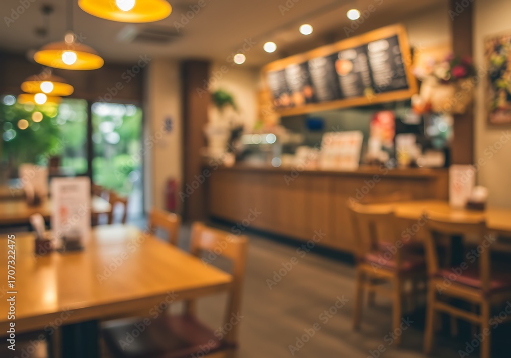 Obraz premium A bokeh shot of an empty dining area with tables and a counter, conveying a warm ambiance