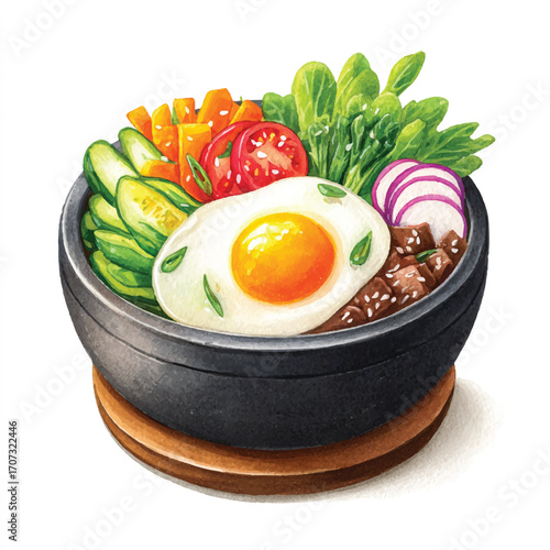 Vibrant Korean Bibimbap Bowl with Fried Egg and Fresh Vegetables.