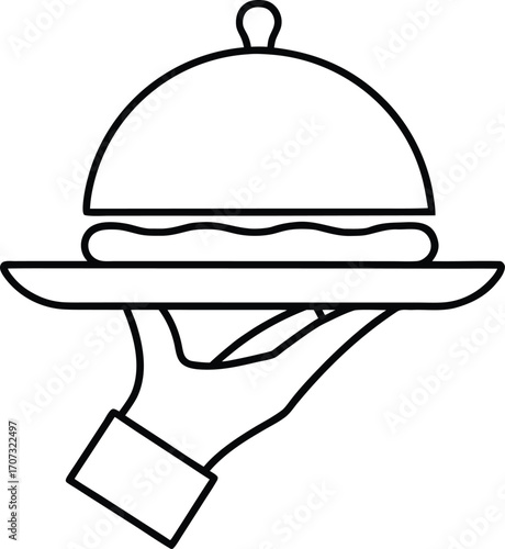 Hand holding serving dish with lid and food line art icon cloche