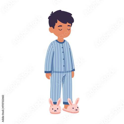 Asian young male child in striped pajamas and bunny slippers standing relaxed – flat illustration