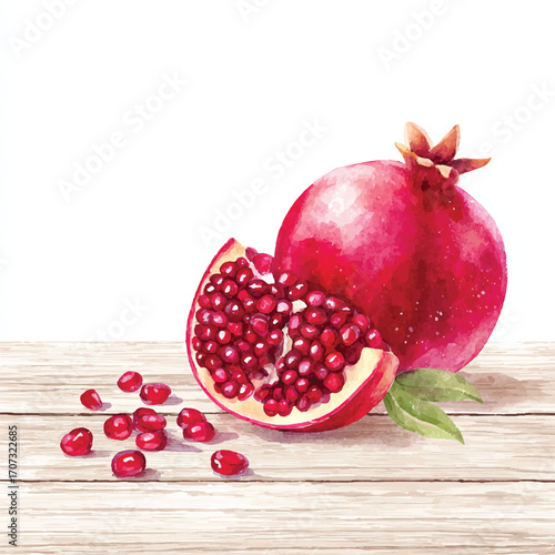 Vibrant Pomegranate Fruit and Seeds on a Wooden Surface.