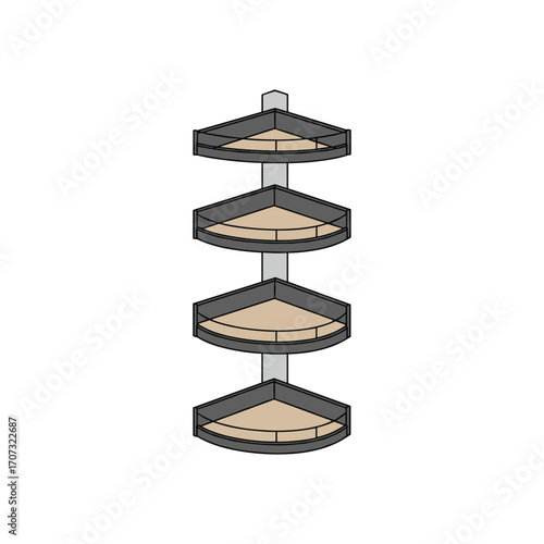 Four-tier corner wall shelf with black metal frame and wooden shelves – flat illustration