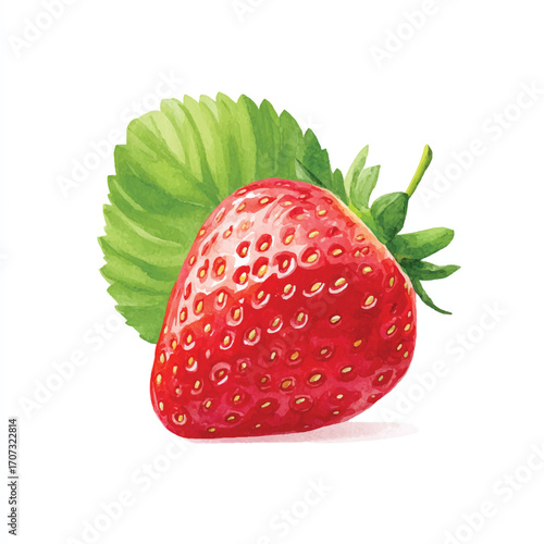 Vibrant Red Strawberry with Green Leaf Watercolor Illustration.